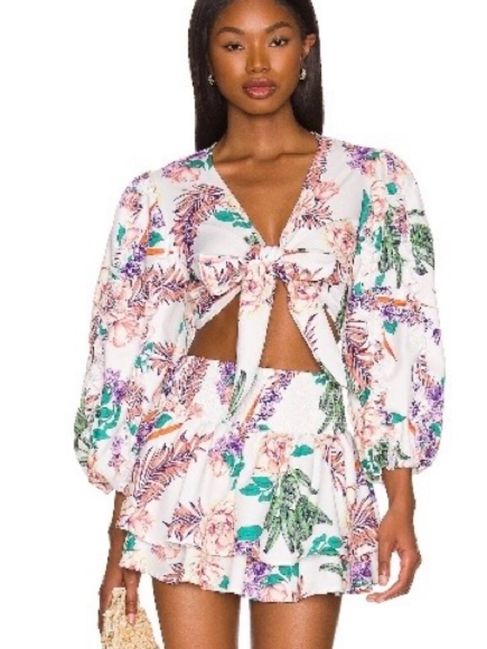 Agua Bendita from Revolve White Floral Tie Front shirt and skirt set
